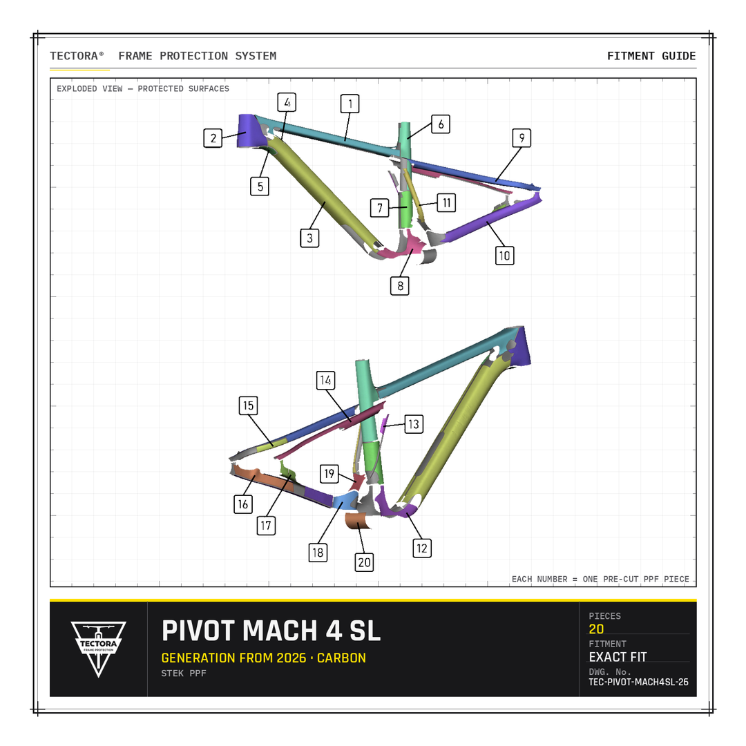 TECTORA frame protection fitment guide for Pivot Mach 4 SL (from 2026, carbon) - all 20 pre-cut STEK PPF pieces shown.