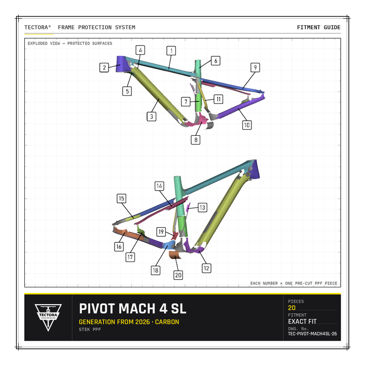 TECTORA frame protection fitment guide for Pivot Mach 4 SL (from 2026, carbon) - all 20 pre-cut STEK PPF pieces shown.