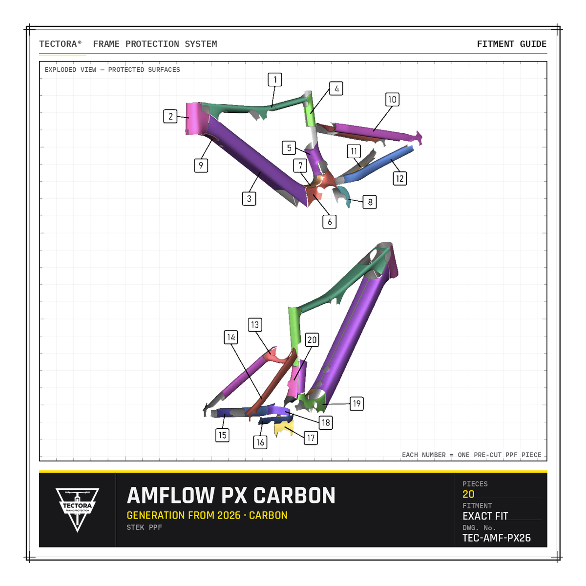 TECTORA frame protection fitment guide for Amflow PX Carbon (from 2026) - all 20 pre-cut STEK PPF pieces shown.