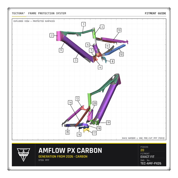 TECTORA frame protection fitment guide for Amflow PX Carbon (from 2026) - all 20 pre-cut STEK PPF pieces shown.