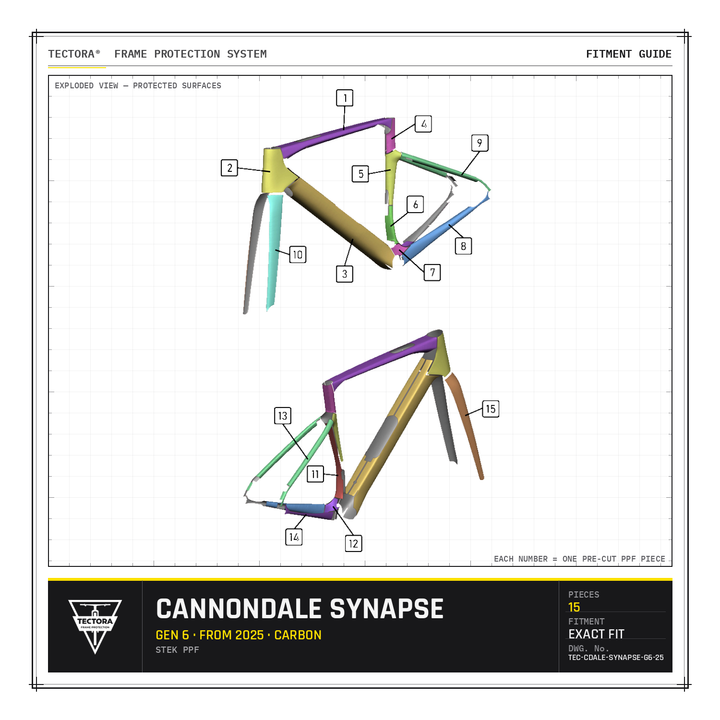 TECTORA frame protection fitment guide for Cannondale Synapse (from 2025, Gen 6, carbon) - all 15 pre-cut STEK PPF pieces shown.