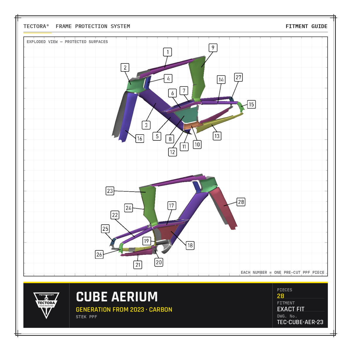 TECTORA frame protection fitment guide for Cube Aerium (from 2023, carbon) - all 28 pre-cut STEK PPF pieces shown.