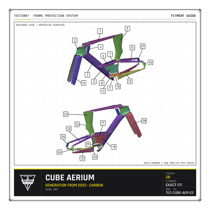 TECTORA frame protection fitment guide for Cube Aerium (from 2023, carbon) - all 28 pre-cut STEK PPF pieces shown.