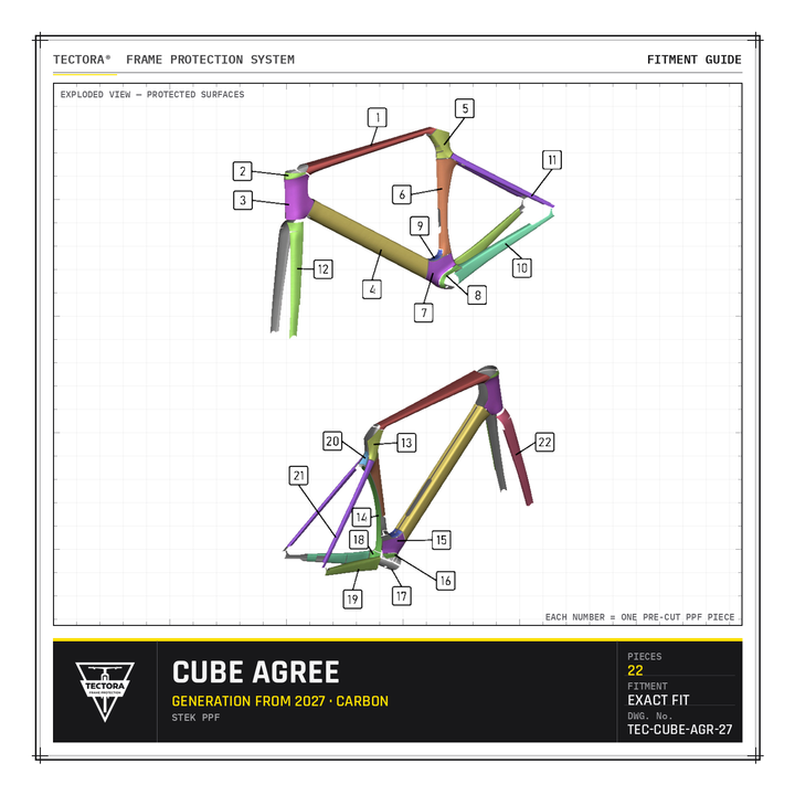 TECTORA frame protection fitment guide for Cube Agree (from 2027, carbon) - all 22 pre-cut STEK PPF pieces shown.