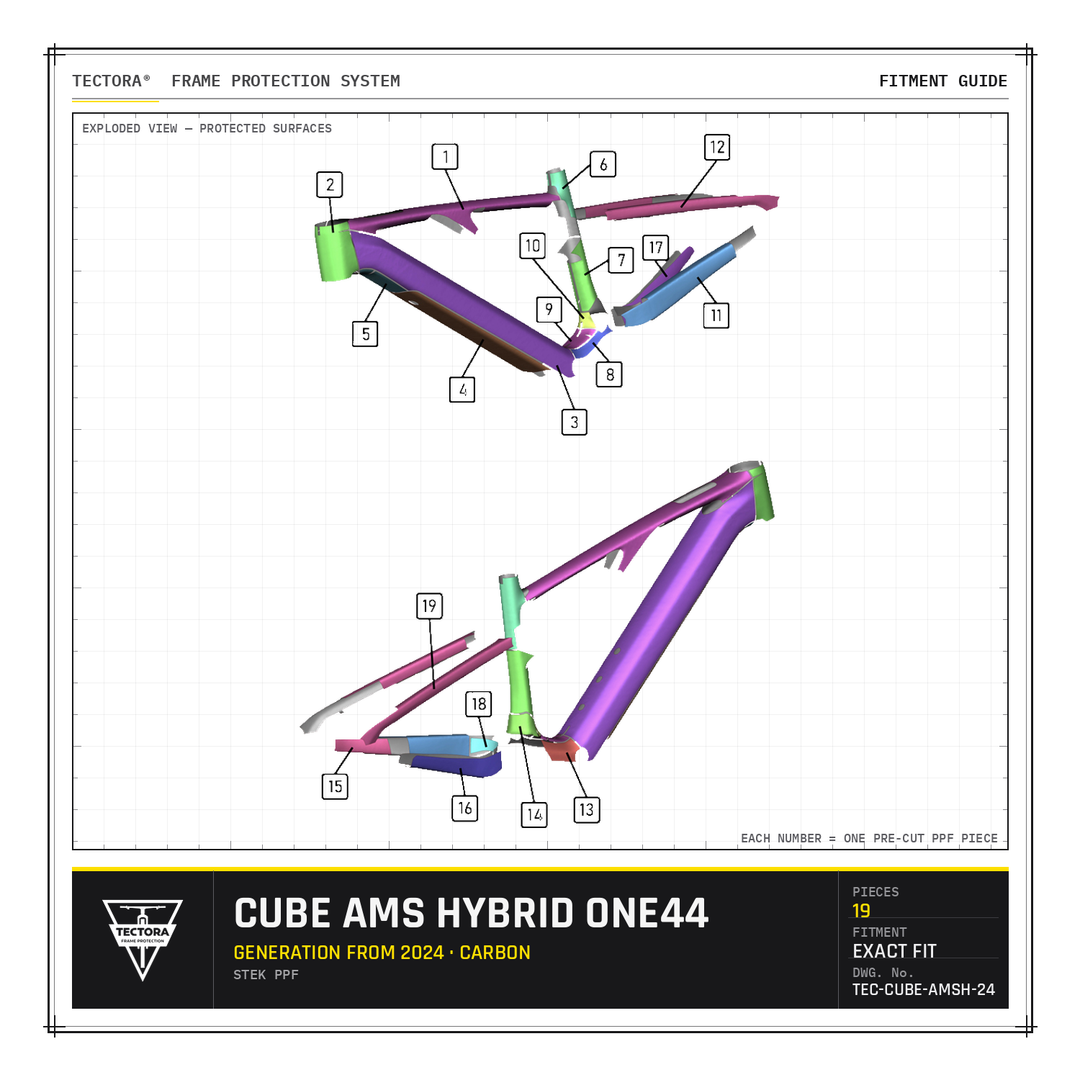 TECTORA frame protection fitment guide for Cube AMS Hybrid One44 (from 2024, carbon) - all 19 pre-cut STEK PPF pieces shown.