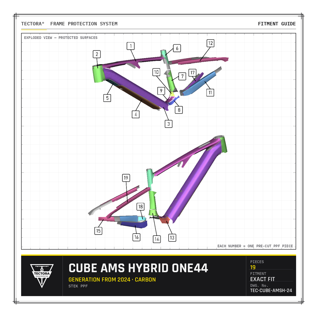 TECTORA frame protection fitment guide for Cube AMS Hybrid One44 (from 2024, carbon) - all 19 pre-cut STEK PPF pieces shown.