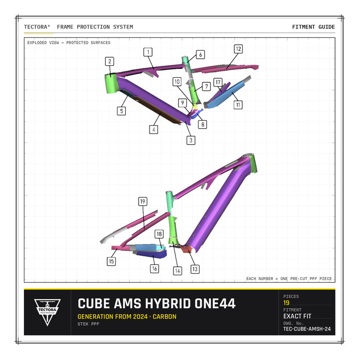 TECTORA frame protection fitment guide for Cube AMS Hybrid One44 (from 2024, carbon) - all 19 pre-cut STEK PPF pieces shown.