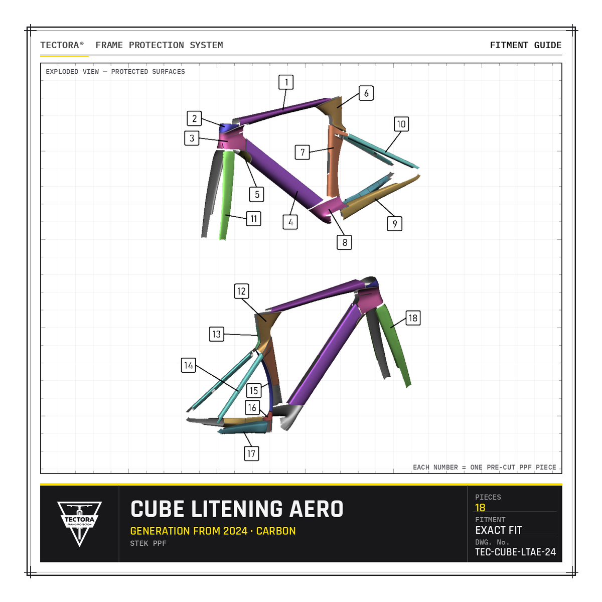 TECTORA frame protection fitment guide for Cube Litening Aero (from 2024, carbon) - all 18 pre-cut STEK PPF pieces shown.