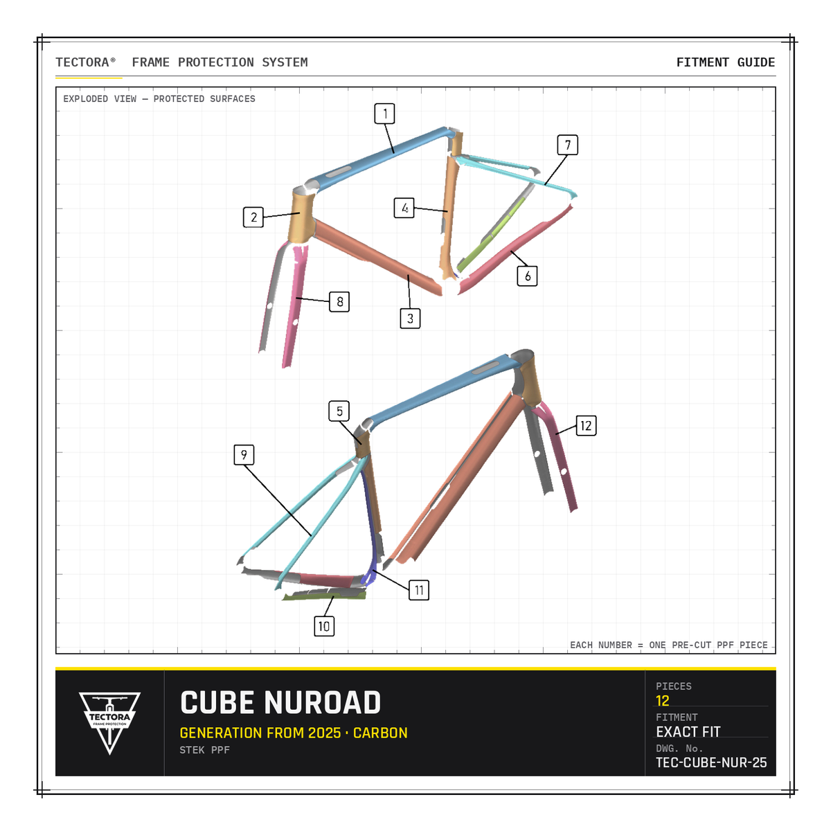 TECTORA frame protection fitment guide for Cube Nuroad (from 2025, carbon) - all 12 pre-cut STEK PPF pieces shown.