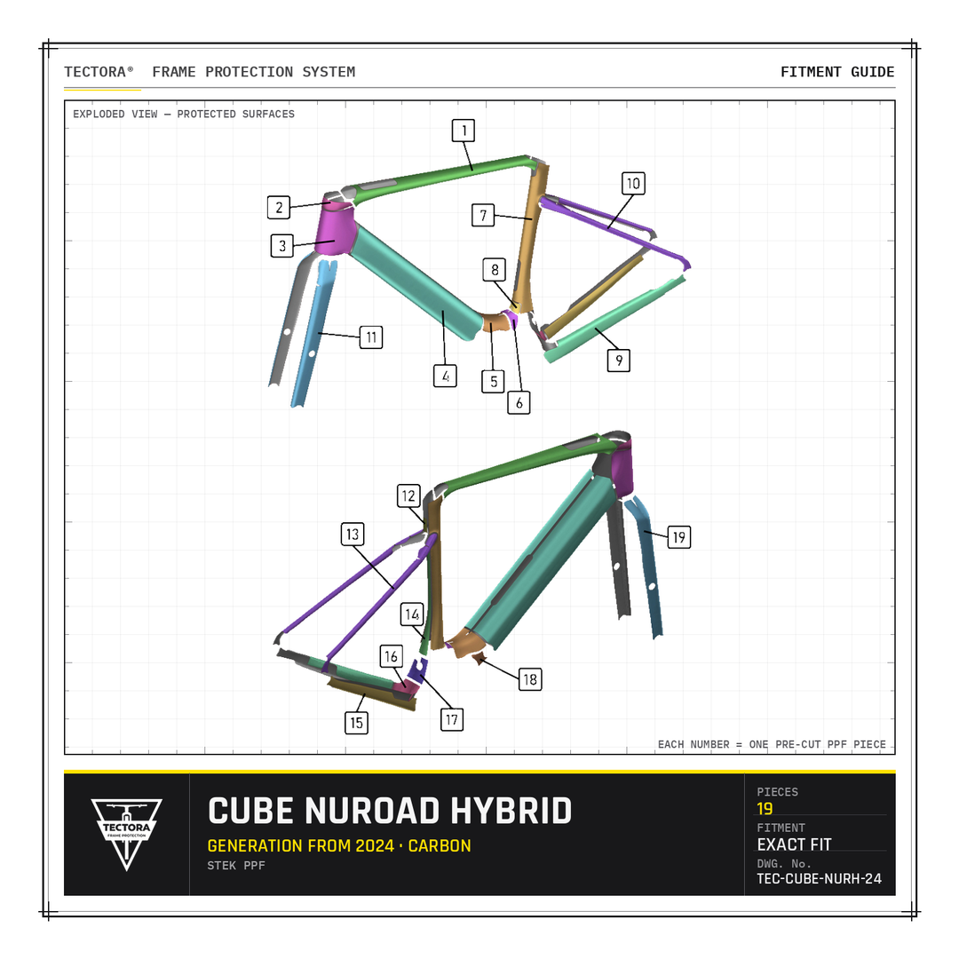 TECTORA frame protection fitment guide for Cube Nuroad Hybrid (from 2024, carbon) - all 19 pre-cut STEK PPF pieces shown.