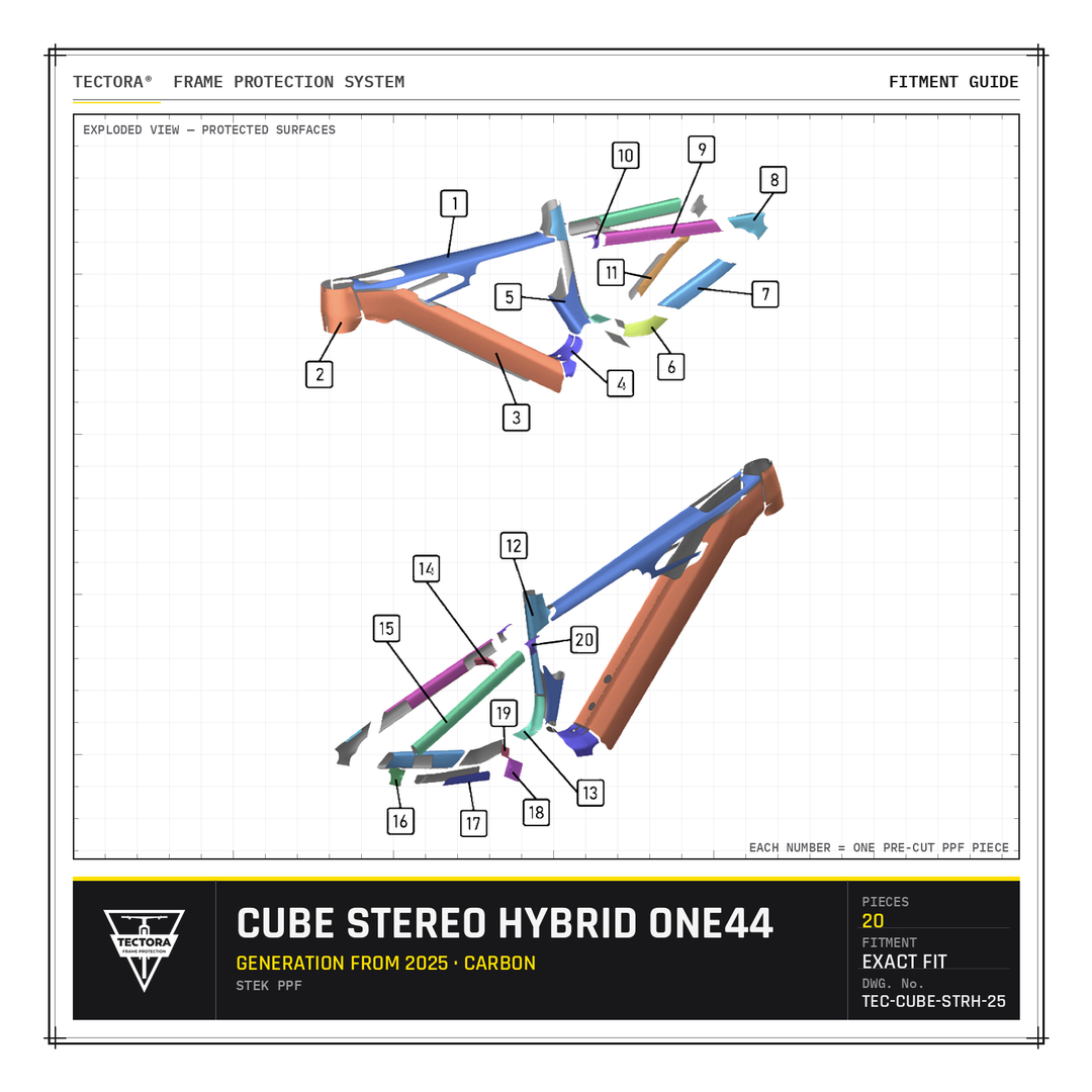TECTORA frame protection fitment guide for Cube Stereo Hybrid One44 (from 2025, carbon) - all 20 pre-cut STEK PPF pieces shown.