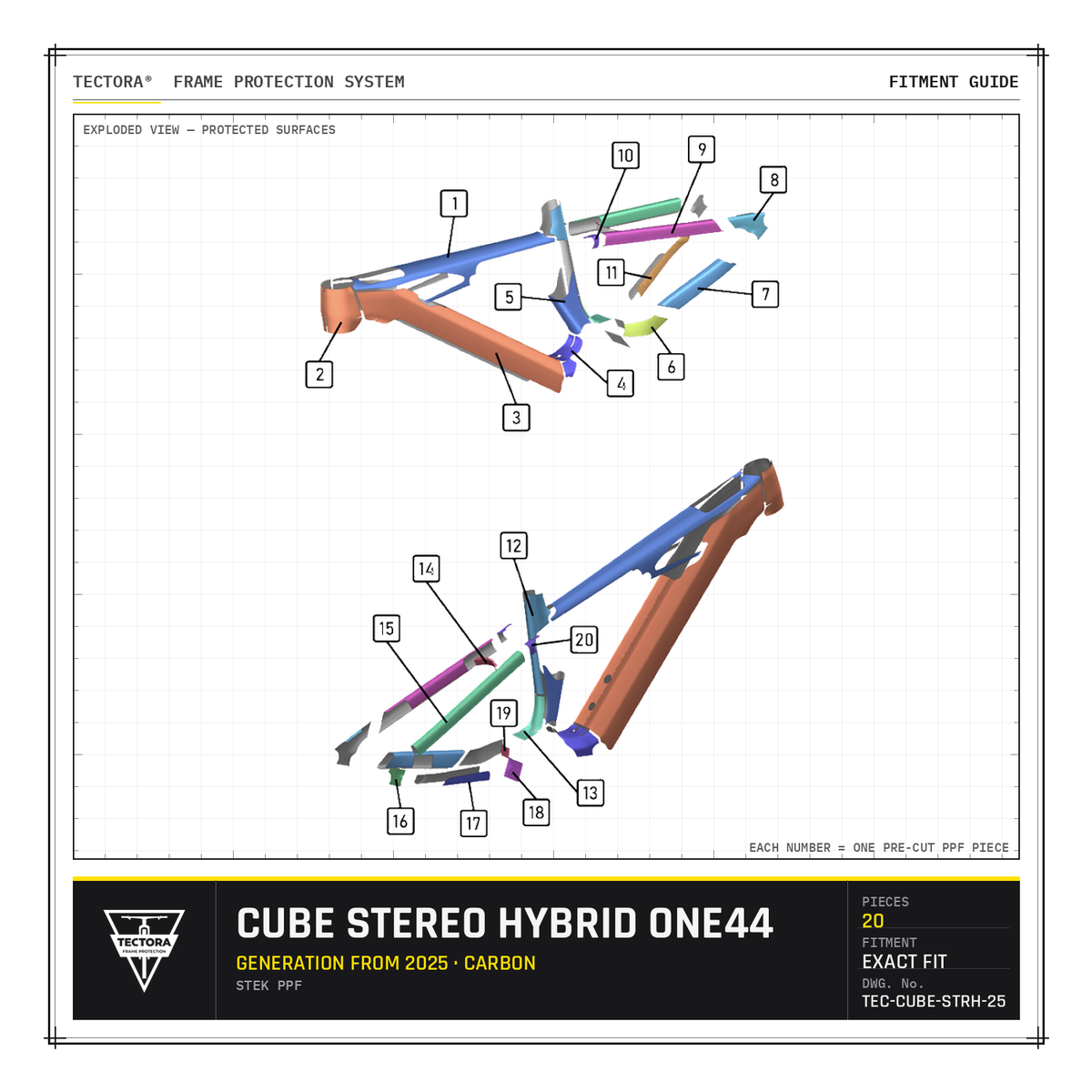 TECTORA frame protection fitment guide for Cube Stereo Hybrid One44 (from 2025, carbon) - all 20 pre-cut STEK PPF pieces shown.