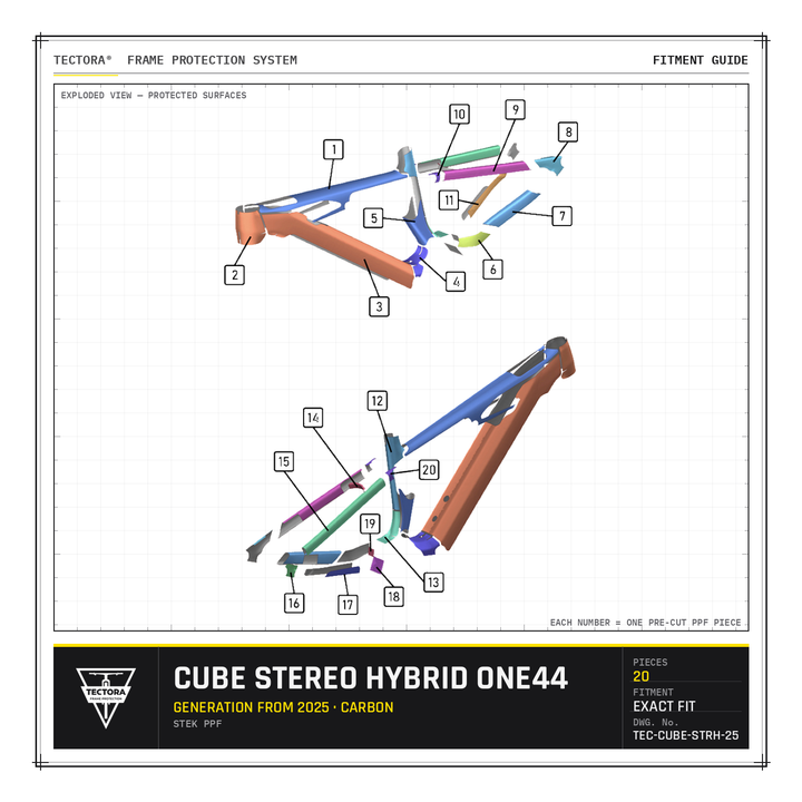 TECTORA frame protection fitment guide for Cube Stereo Hybrid One44 (from 2025, carbon) - all 20 pre-cut STEK PPF pieces shown.