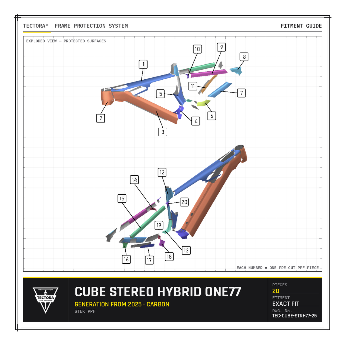 TECTORA frame protection fitment guide for Cube Stereo Hybrid One77 (from 2025, carbon) - all 20 pre-cut STEK PPF pieces shown.