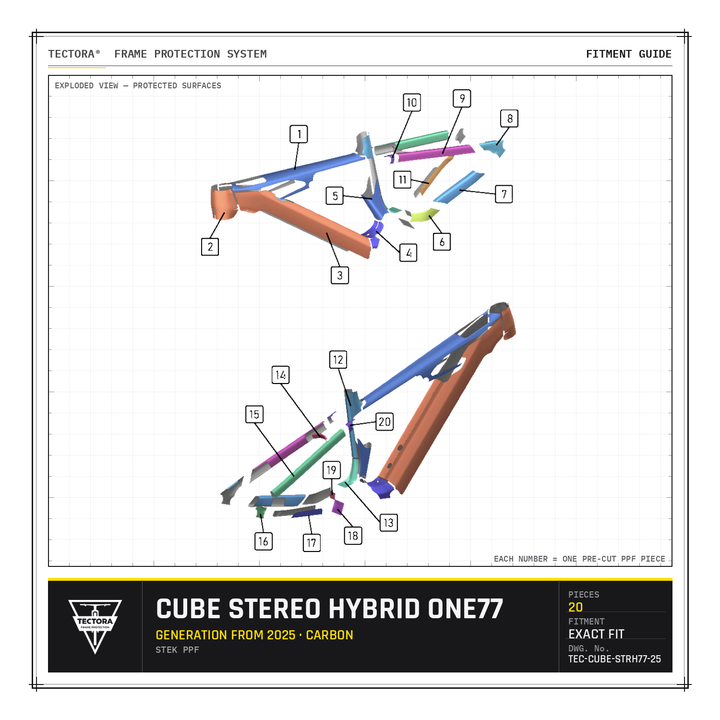 TECTORA frame protection fitment guide for Cube Stereo Hybrid One77 (from 2025, carbon) - all 20 pre-cut STEK PPF pieces shown.