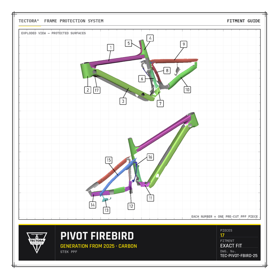 TECTORA frame protection fitment guide for Pivot Firebird (from 2025, carbon) - all 17 pre-cut STEK PPF pieces shown.