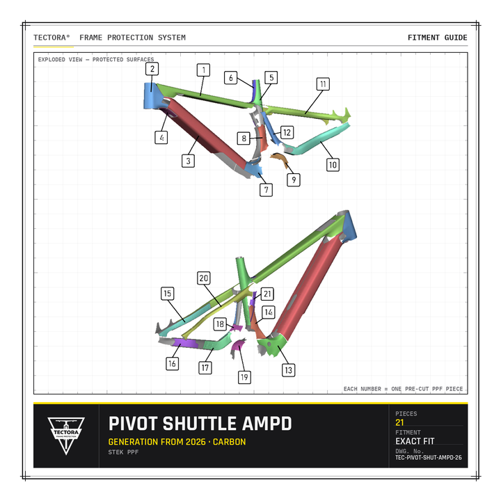 TECTORA frame protection fitment guide for Pivot Shuttle AMPD (from 2026, carbon) - all 21 pre-cut STEK PPF pieces shown.