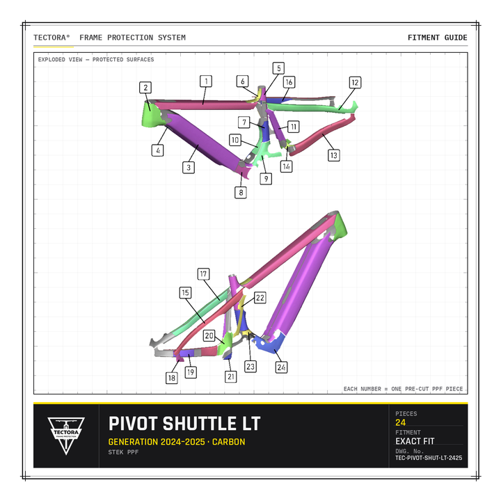 TECTORA frame protection fitment guide for Pivot Shuttle LT (2024–2025, carbon) - all 24 pre-cut STEK PPF pieces shown.