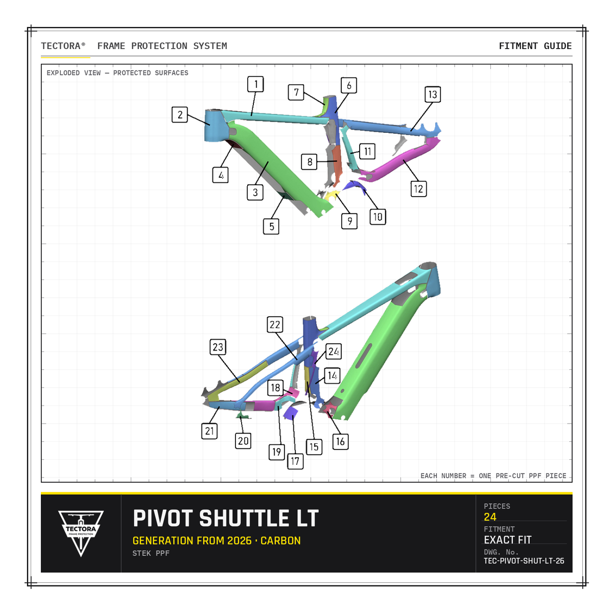 TECTORA frame protection fitment guide for Pivot Shuttle LT (from 2026, carbon) - all 24 pre-cut STEK PPF pieces shown.