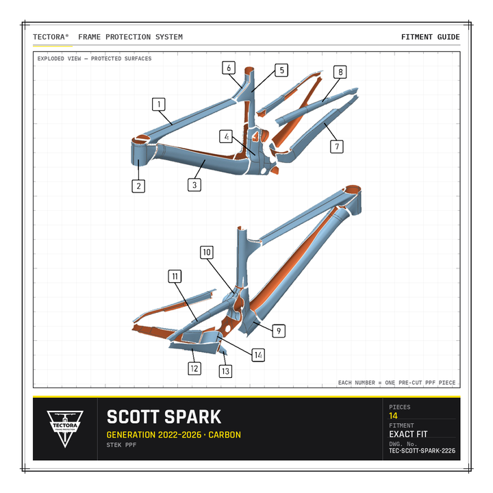 TECTORA frame protection fitment guide for Scott Spark (2022–2026, carbon) - all 14 pre-cut STEK PPF pieces shown.
