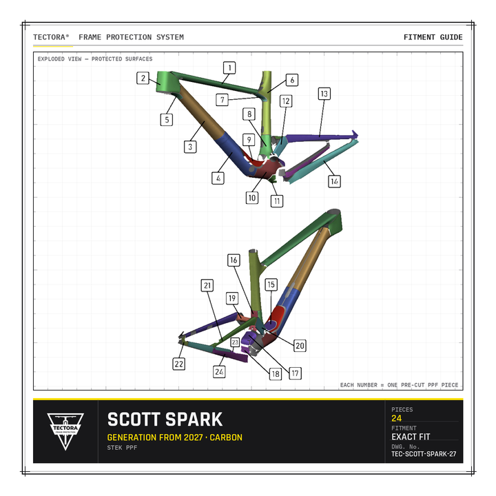 TECTORA frame protection fitment guide for Scott Spark (from 2027, carbon) - all 24 pre-cut STEK PPF pieces shown.